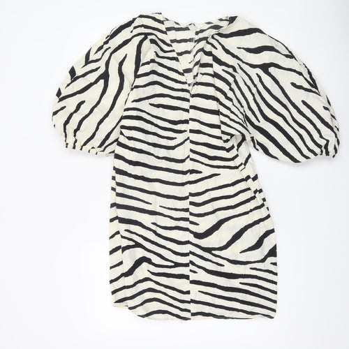 H&M Women Black Zebra Print Short Puff Sleeve Shift Dress M