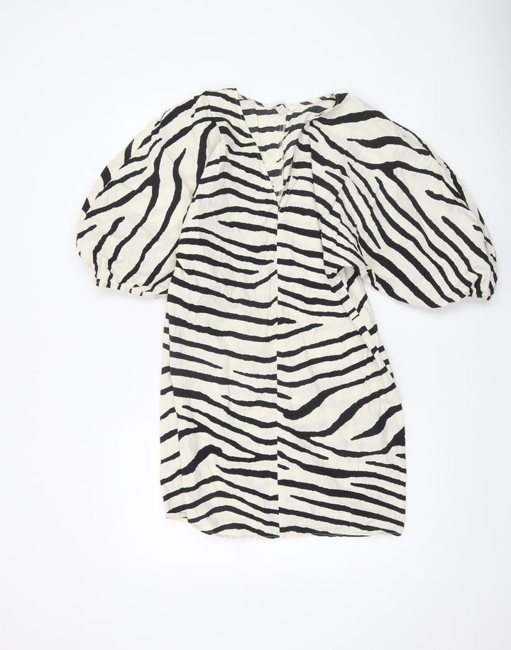 H&M Women Black Zebra Print Short Puff Sleeve Shift Dress M