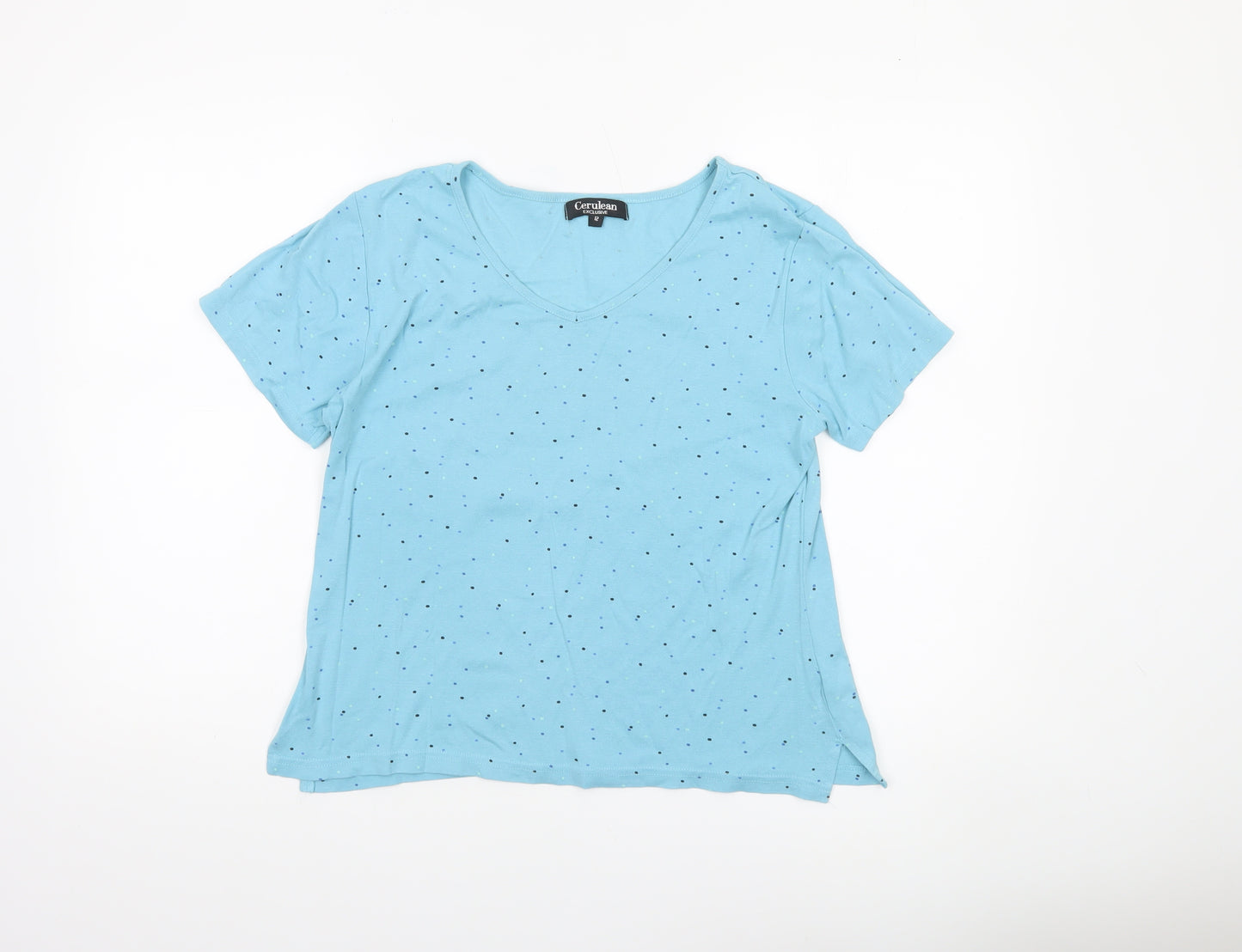 Cerulean Women Blue Polka Dot Cotton V-Neck T-Shirt Size 12