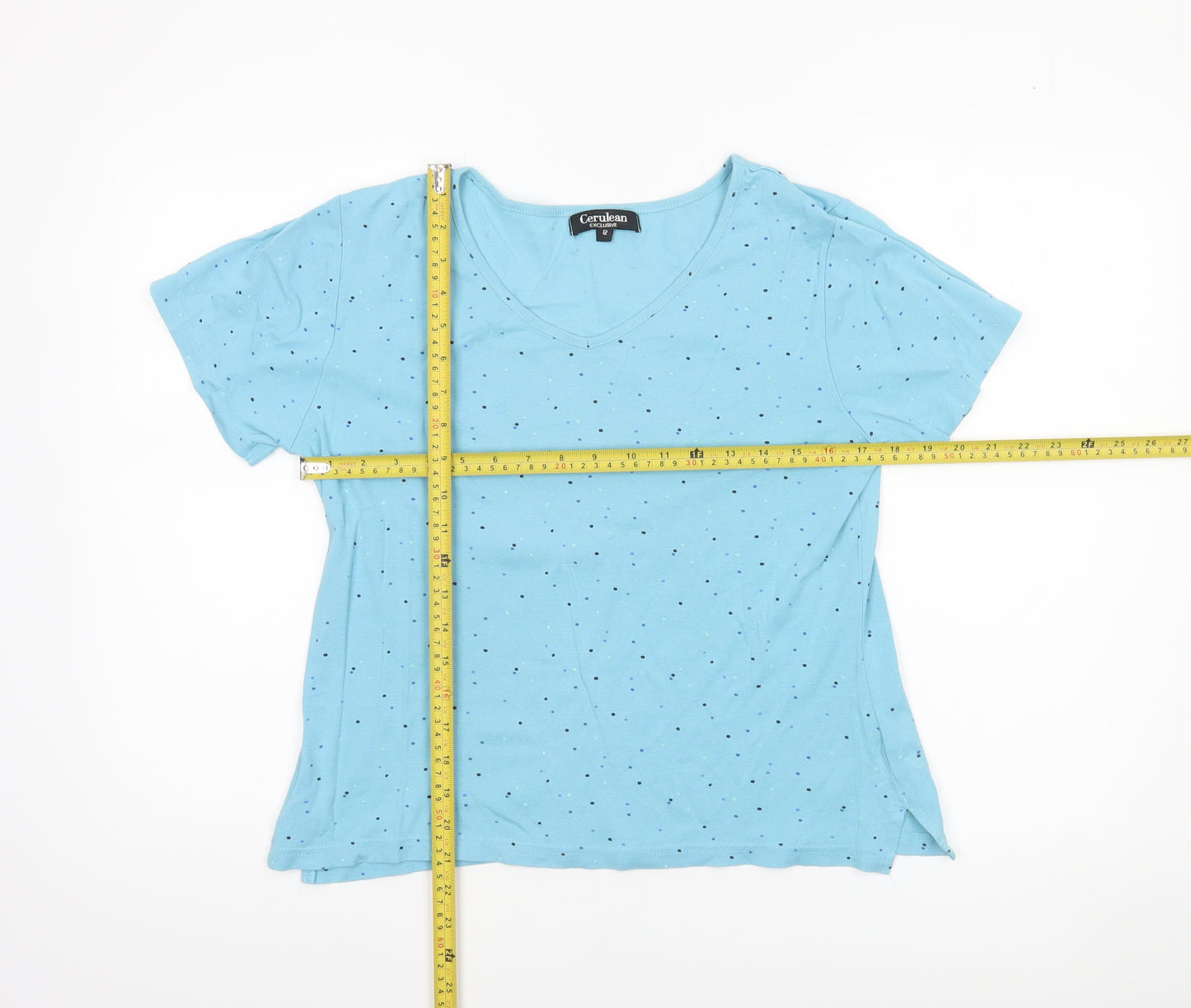 Cerulean Women Blue Polka Dot Cotton V-Neck T-Shirt Size 12