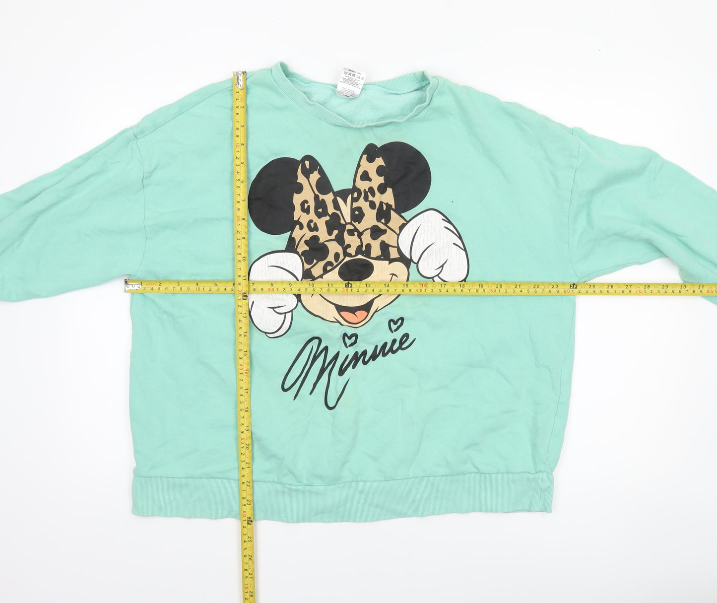 Disney Women Mint Green Minnie Mouse Leopard Print Sweatshirt Size 16-18