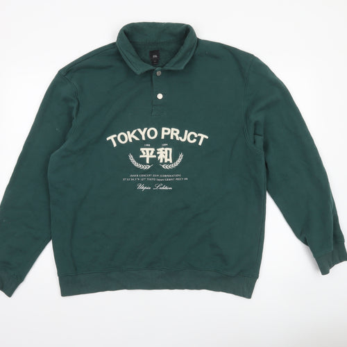 River Island Men's Green Collared Henley Sweatshirt L Logo Print
