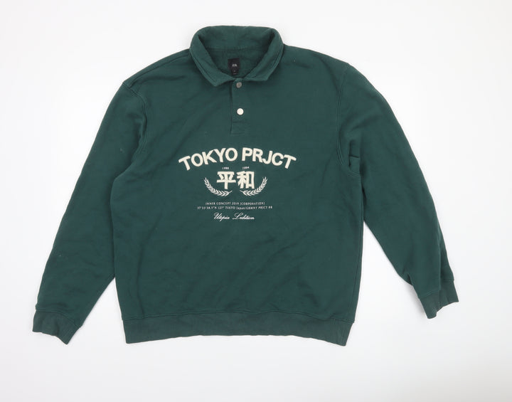 River Island Men's Green Collared Henley Sweatshirt L Logo Print