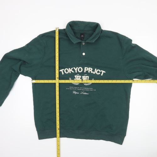 River Island Men's Green Collared Henley Sweatshirt L Logo Print
