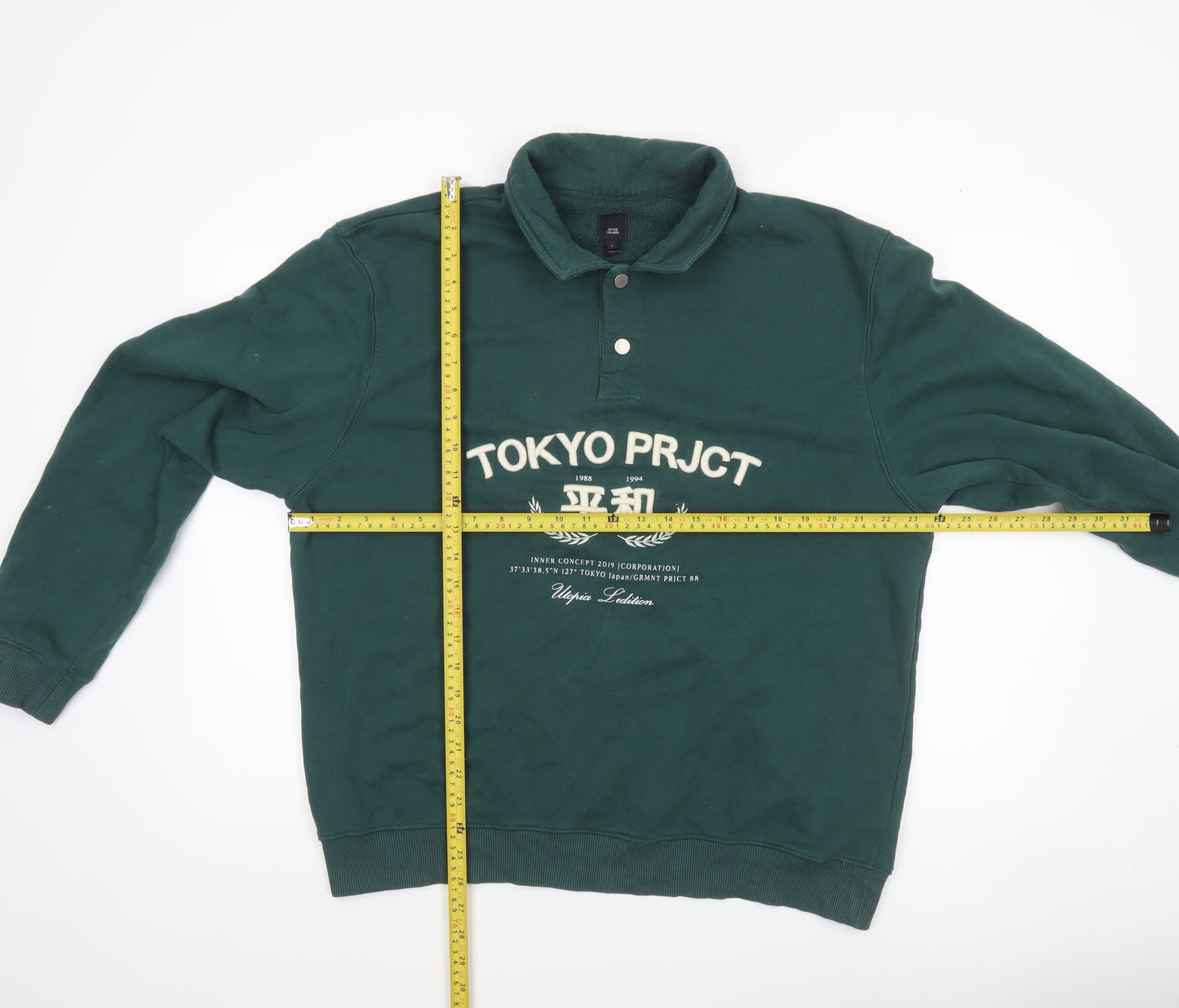 River Island Men's Green Collared Henley Sweatshirt L Logo Print