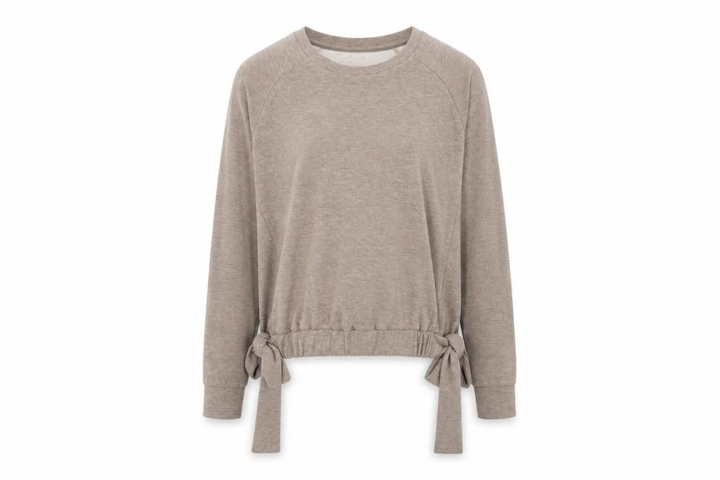 Front view of Ysabel Mora Women’s Beige Tie Waist Pullover Sweatshirt Medium