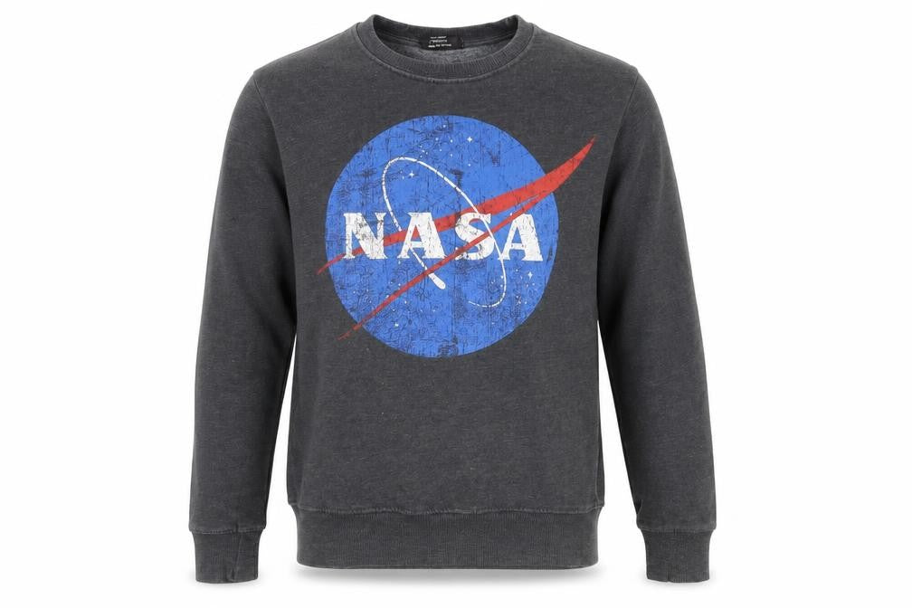 Front view of Buzz Aldrin men’s grey nasa logo pullover sweatshirt xs