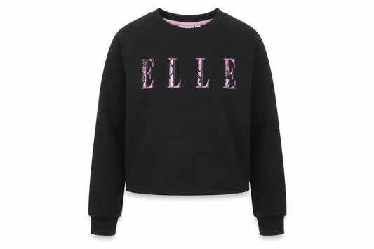 Front view of ELLE girls’ black crew neck pullover sweatshirt 12-13 years cotton blend