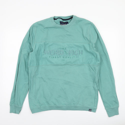 Weird Fish Men's Green Cotton Embroidered Crew Neck Sweatshirt Size L
