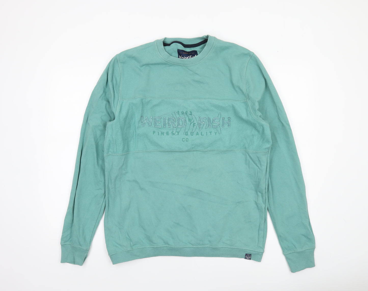 Weird Fish Men's Green Cotton Embroidered Crew Neck Sweatshirt Size L
