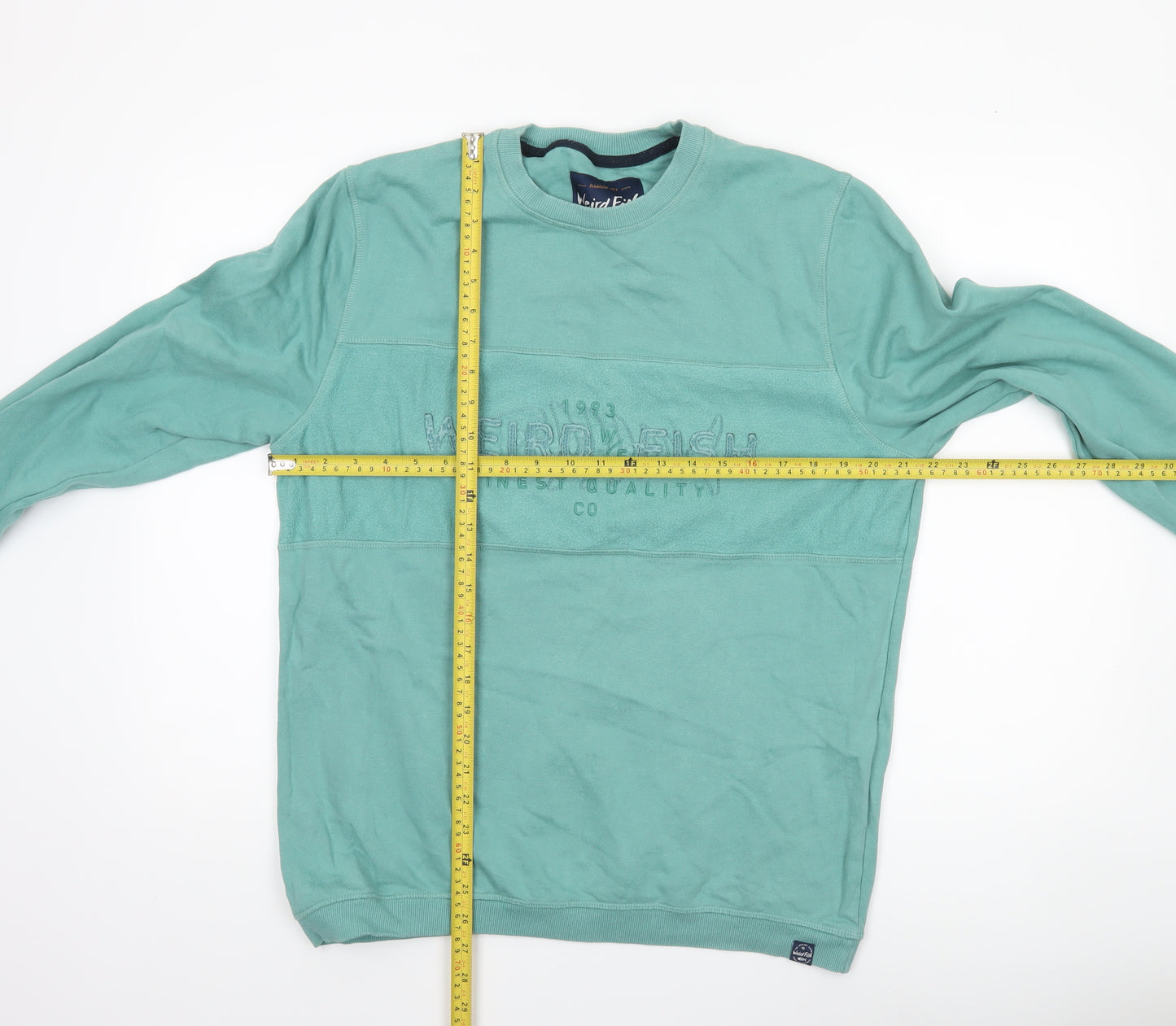 Weird Fish Men's Green Cotton Embroidered Crew Neck Sweatshirt Size L