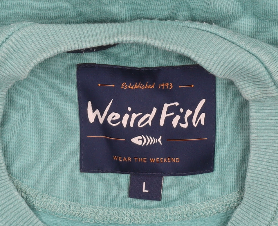 Weird Fish Men's Green Cotton Embroidered Crew Neck Sweatshirt Size L