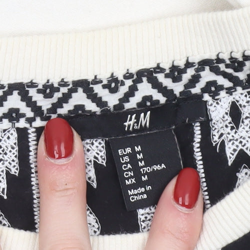 H&M Women's Ivory & Black Patterned Pullover Sweatshirt Size 12