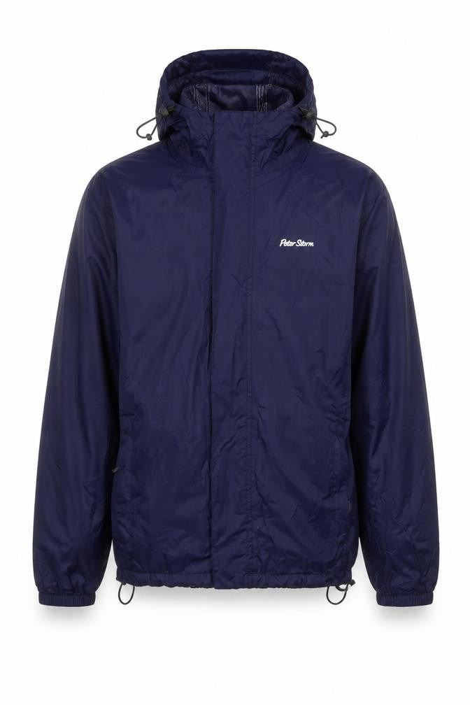 Front view of Peter Storm Men's Blue Waterproof Hooded Rain Jacket, size S