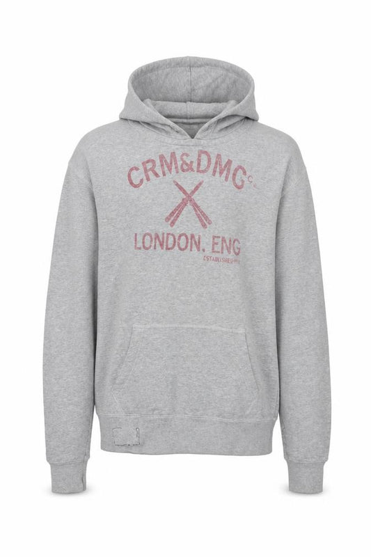 Front view of Criminal Damage Men's Grey Pullover Hoodie Large Logo Print Fleece