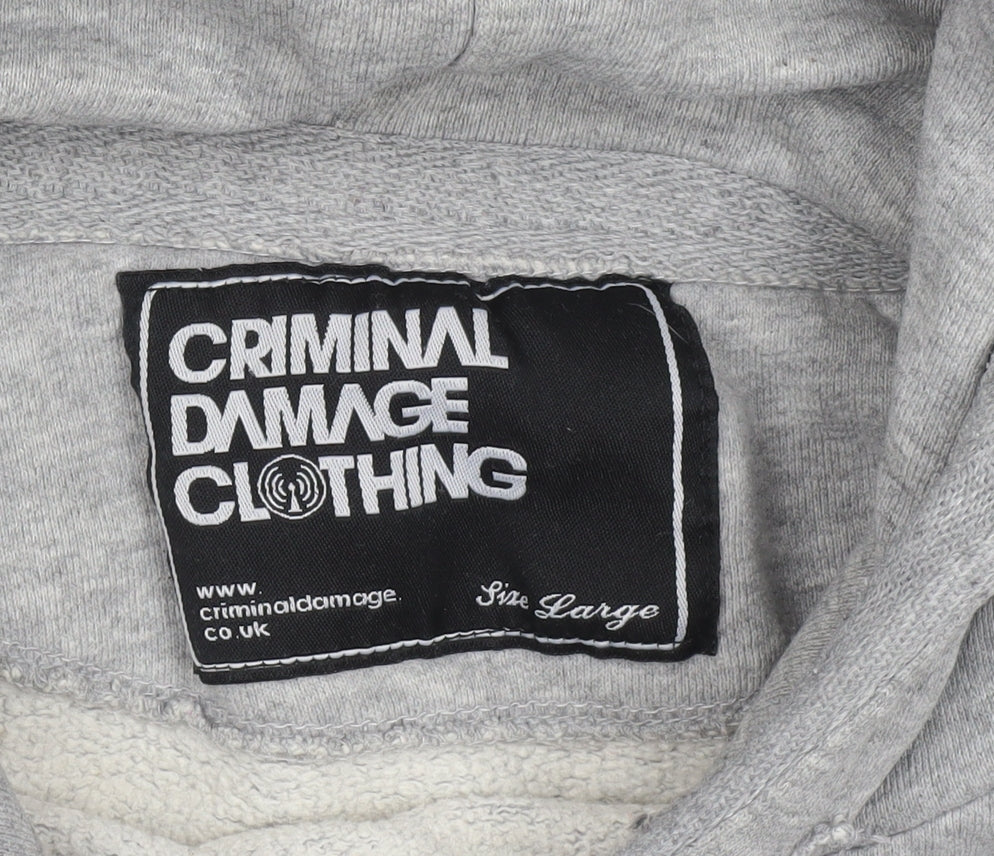 Criminal Damage Men's Grey Pullover Hoodie Large Logo Print Fleece