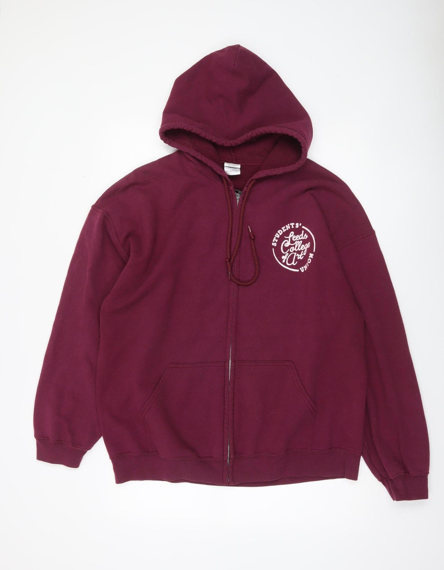 Gildan Womens Burgundy Full Zip Hoodie XL Leeds College Art Graphic