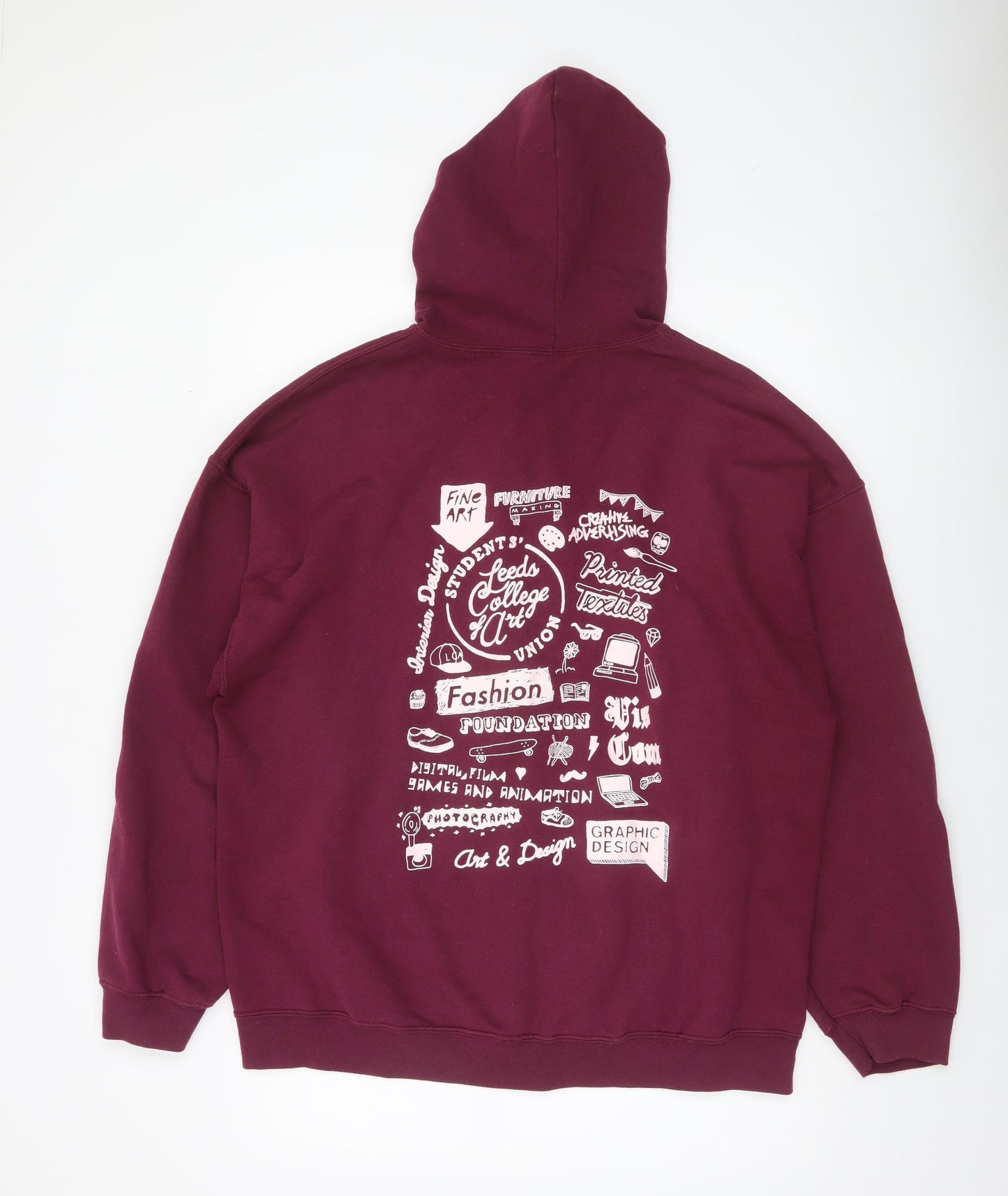 Gildan Womens Burgundy Full Zip Hoodie XL Leeds College Art Graphic