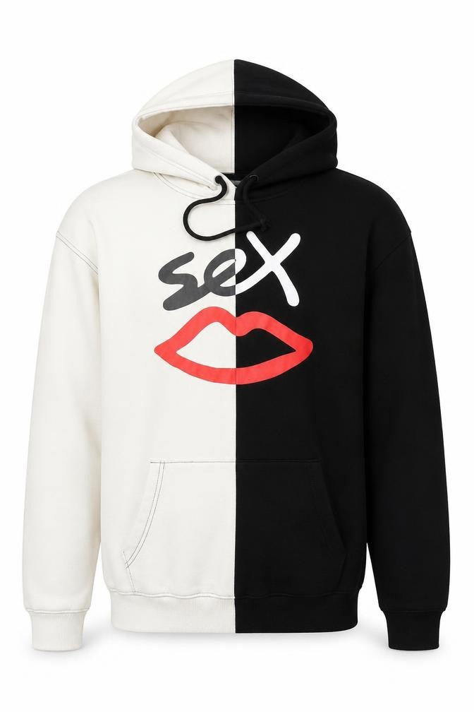 Front view of Sex Lips Men's Black & White XL Pullover Graphic Hoodie