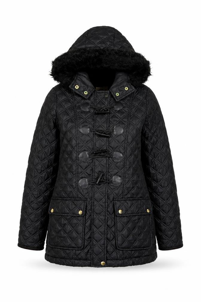 New Look Women’s Black Quilted Hooded Toggle Coat Size 8