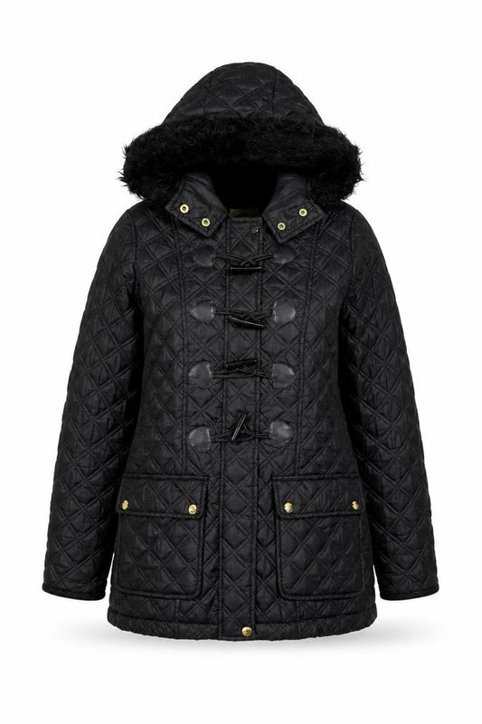Front view of New Look Women’s Black Quilted Hooded Toggle Coat, size UK 8