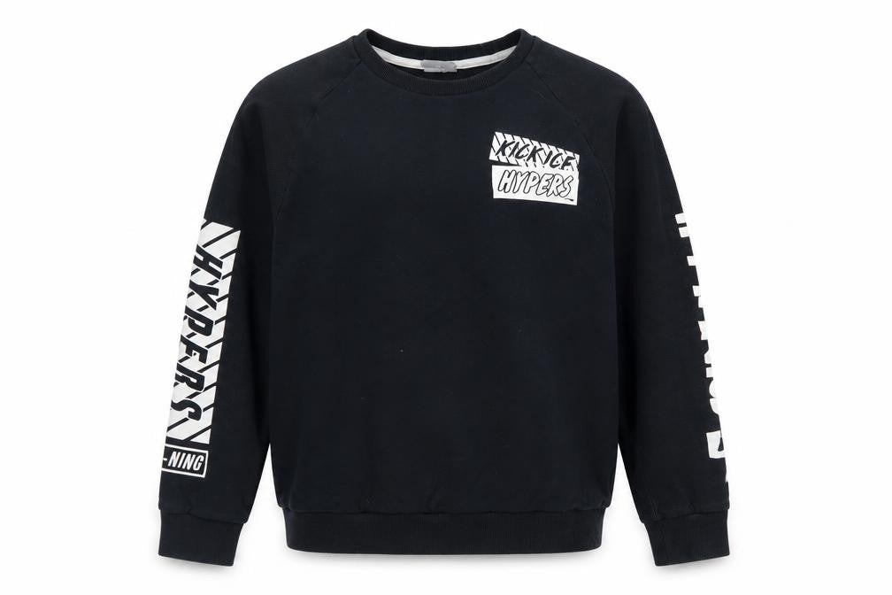 Front view of Li-Ning boys’ black pullover sweatshirt l graphic sports logo crew neck