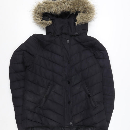 L.O.G.G. Womens Black Faux Fur Hooded Puffer Jacket Size 14