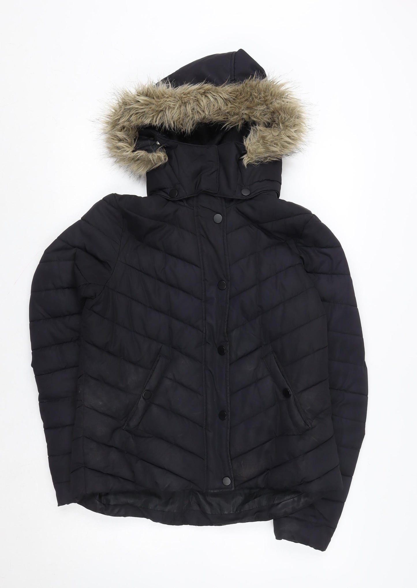 L.O.G.G. Womens Black Faux Fur Hooded Puffer Jacket Size 14