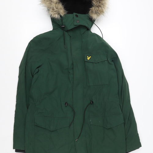 Lyle & Scott Men's Green Parka Jacket Faux Fur Hood Size S