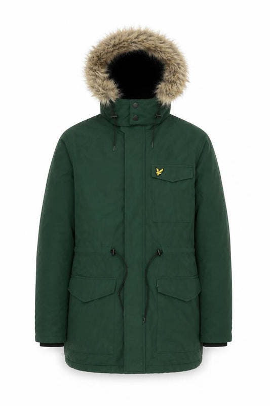 Front view of Lyle & Scott Men's Green Parka Jacket Faux Fur Hood, size S
