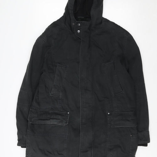 Next Men's Black Hooded Parka Coat Size M Regular Fit Cotton Blend