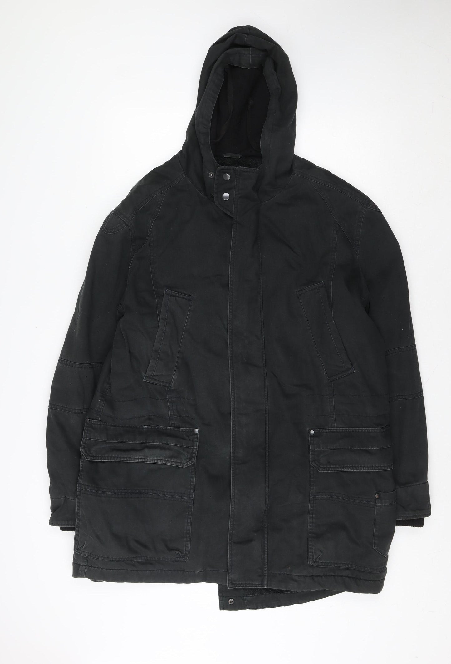 Next Men's Black Hooded Parka Coat Size M Regular Fit Cotton Blend
