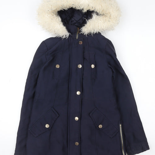 Lipsy London Women's Blue Faux Fur Trim Hooded Parka Coat Size 6