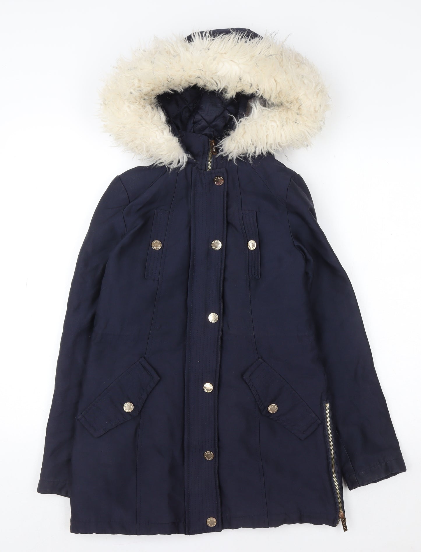 Lipsy London Women's Blue Faux Fur Trim Hooded Parka Coat Size 6