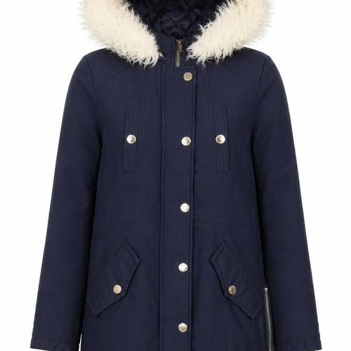 Lipsy London Women's Blue Faux Fur Trim Hooded Parka Coat Size 6