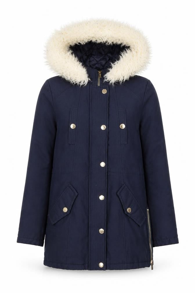 Lipsy London Women's Blue Faux Fur Trim Hooded Parka Coat Size 6