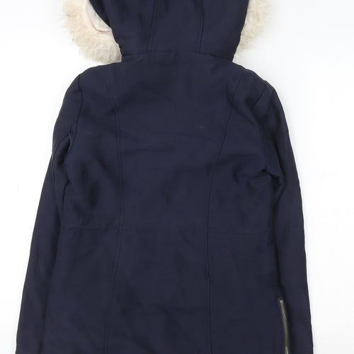 Lipsy London Women's Blue Faux Fur Trim Hooded Parka Coat Size 6