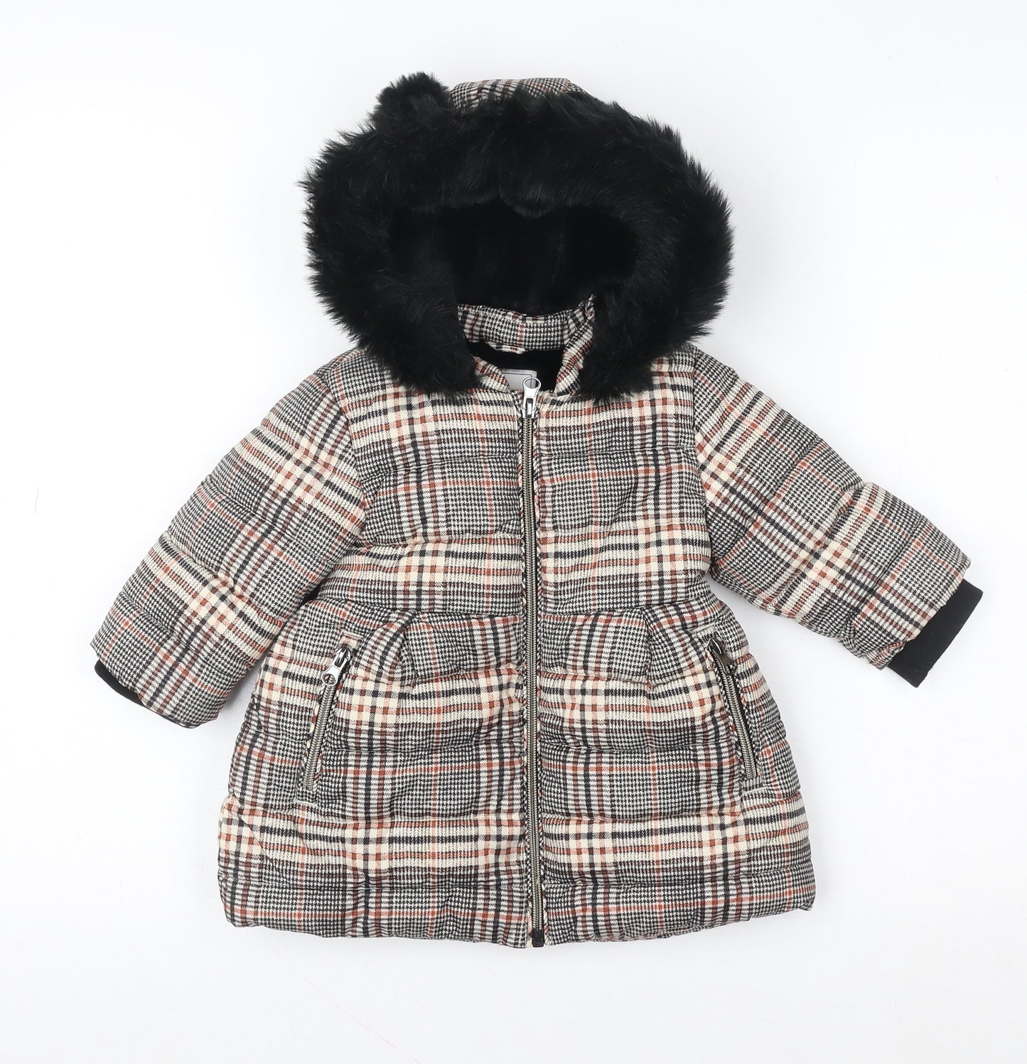 Next Unisex Baby Multicoloured Check Puffer Coat 9-12 Months Hooded Winter Jacket
