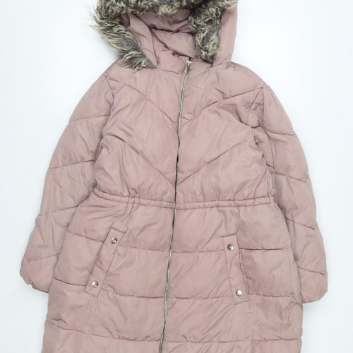 Next Girls Pink Long Hooded Puffer Coat 11 Years Faux Fur Trim Winter Jacket