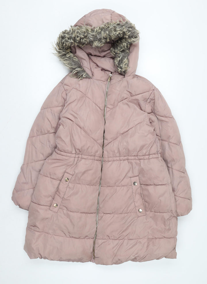 Next Girls Pink Long Hooded Puffer Coat 11 Years Faux Fur Trim Winter Jacket