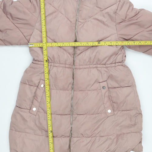 Next Girls Pink Long Hooded Puffer Coat 11 Years Faux Fur Trim Winter Jacket