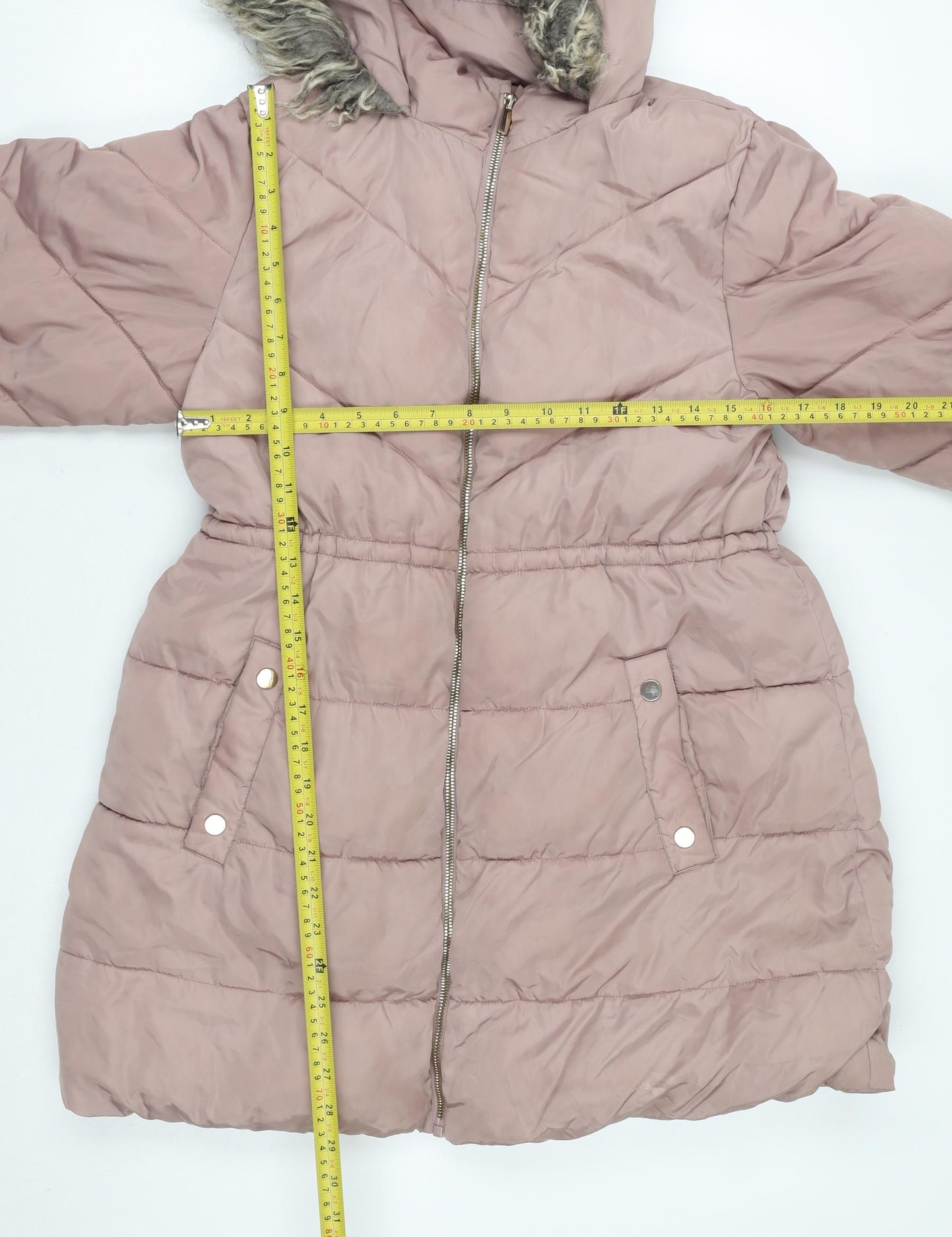 Next Girls Pink Long Hooded Puffer Coat 11 Years Faux Fur Trim Winter Jacket