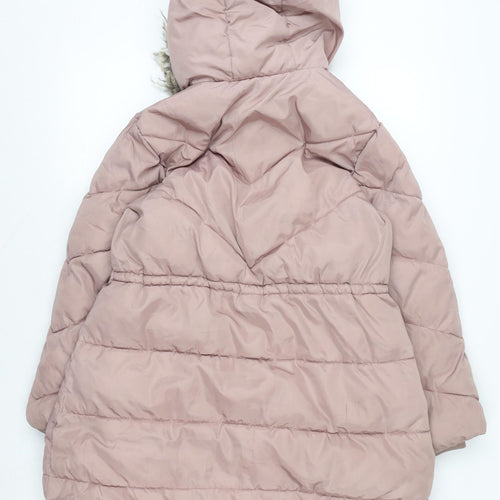 Next Girls Pink Long Hooded Puffer Coat 11 Years Faux Fur Trim Winter Jacket