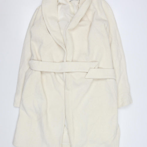 Stradivarius Women Ivory Wool Blend Belted Mid-Length Coat L