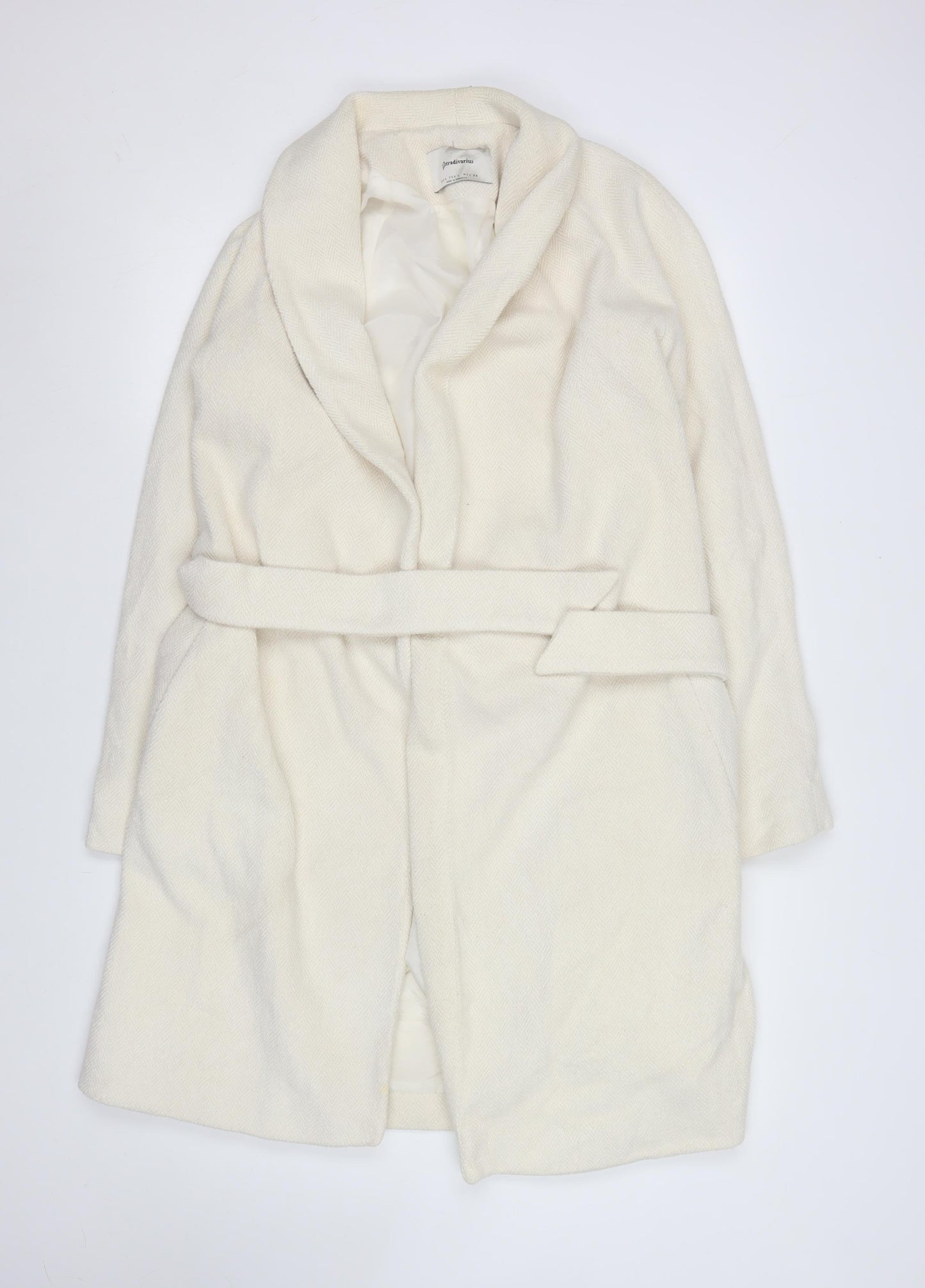 Stradivarius Women Ivory Wool Blend Belted Mid-Length Coat L