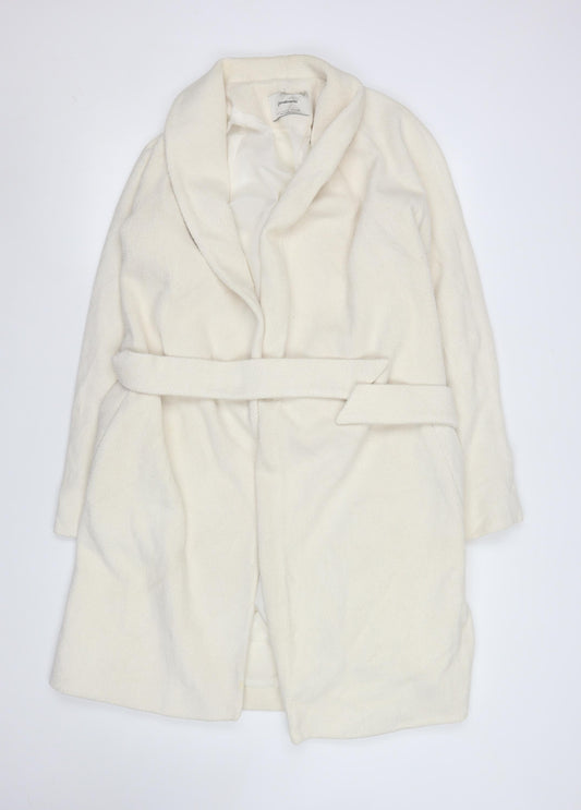 Stradivarius Women Ivory Wool Blend Belted Mid-Length Coat L