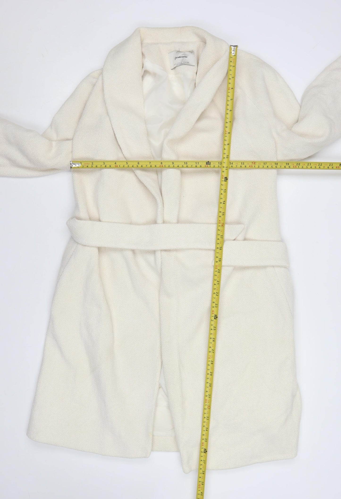 Stradivarius Women Ivory Wool Blend Belted Mid-Length Coat L