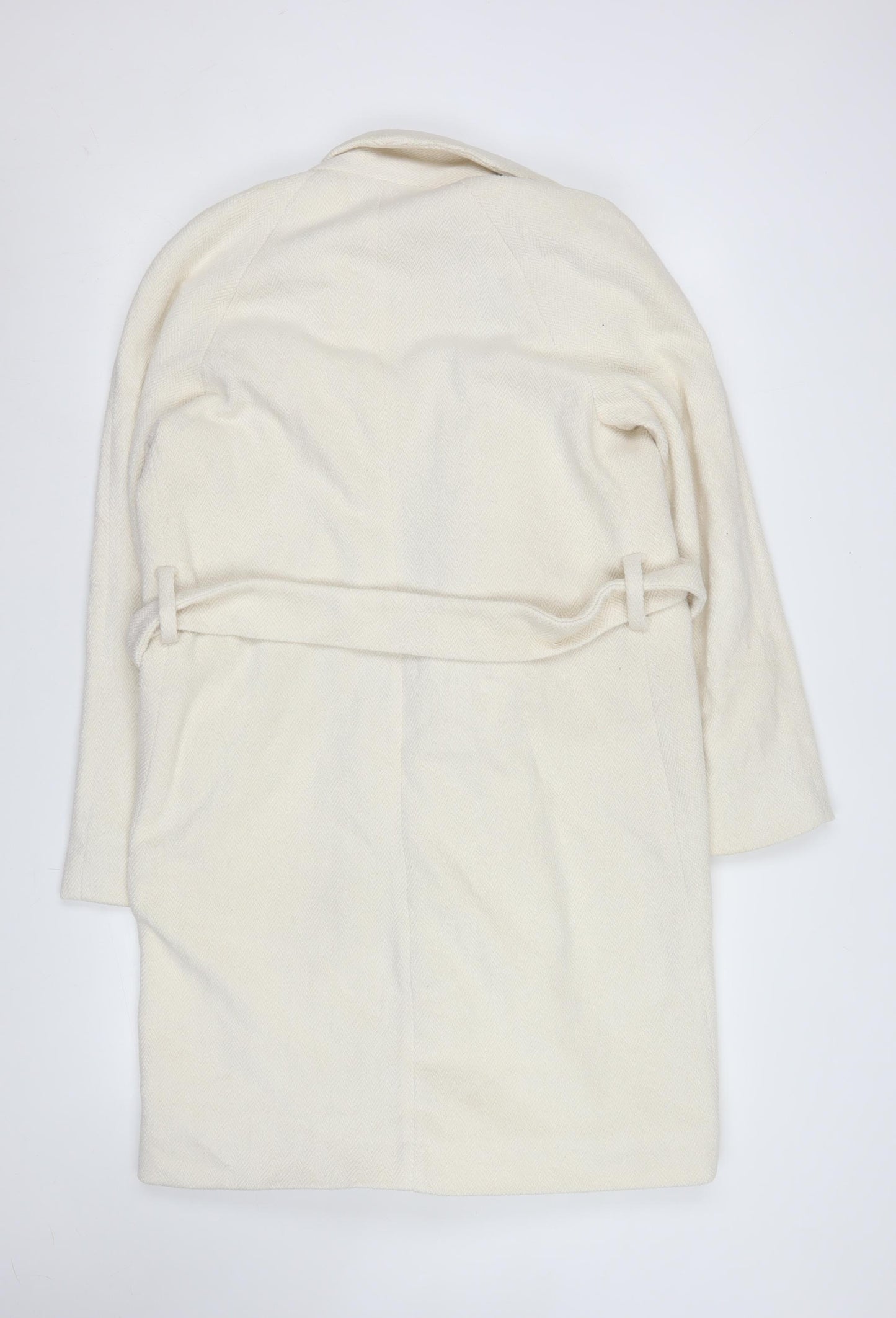 Stradivarius Women Ivory Wool Blend Belted Mid-Length Coat L