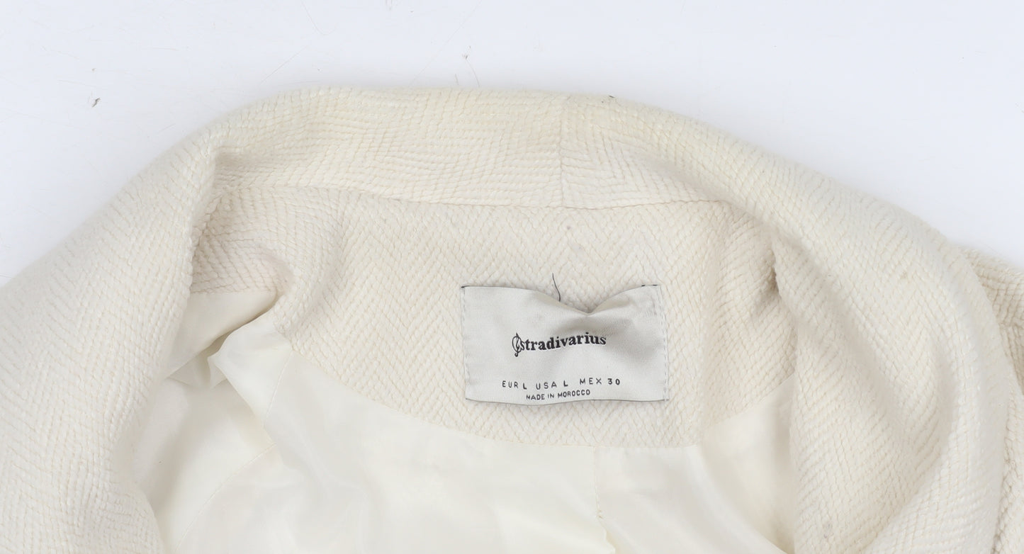 Stradivarius Women Ivory Wool Blend Belted Mid-Length Coat L