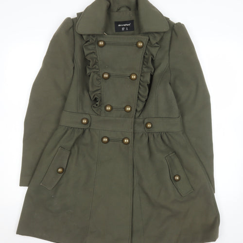 Atmosphere Women's Khaki Military Ruffle Double Breasted Coat Size 12